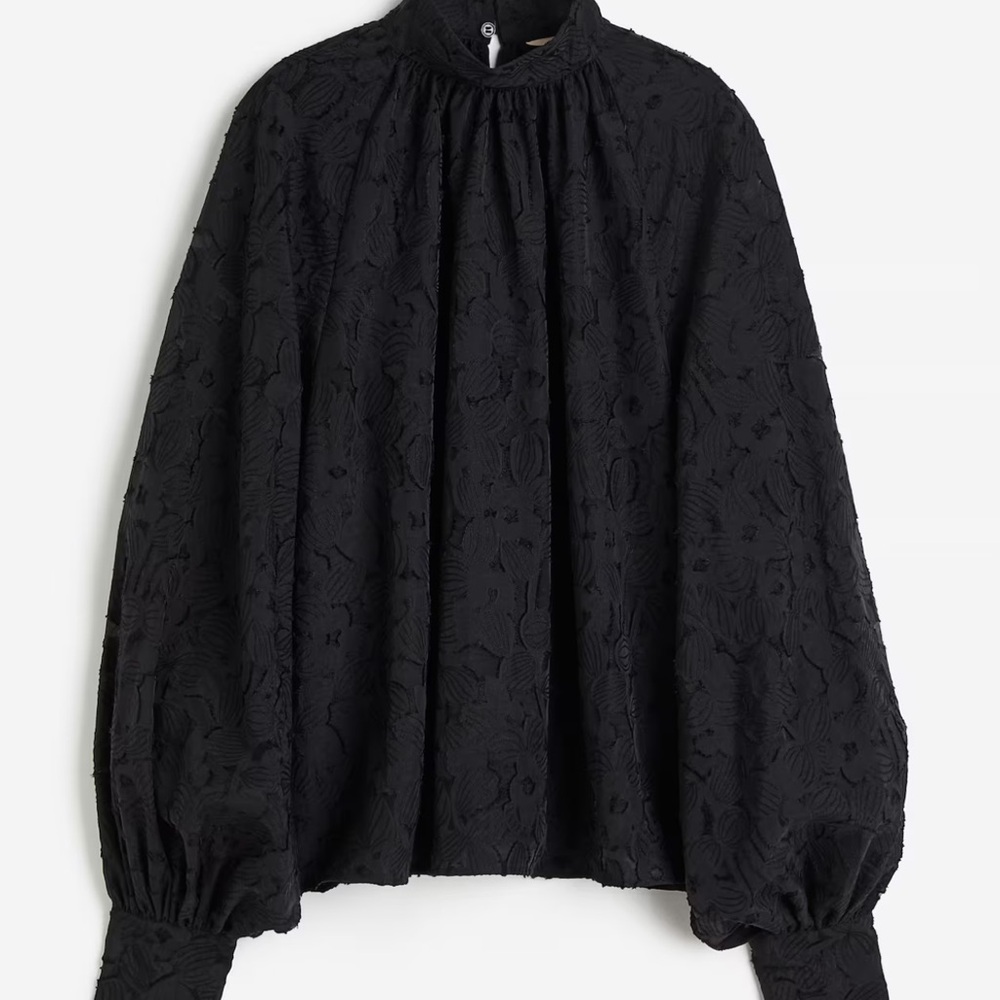 NWT H&M Edition Oversized Textured-Weave Blouse Balloon Sleeve Black Size L